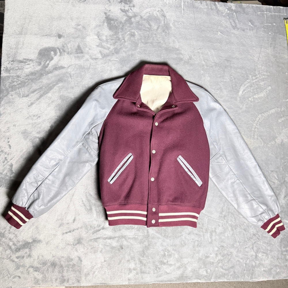 Vintage Made in USA 60s Mens SZ 44 Varsity Jacket Maroon Wool Grey Letterman